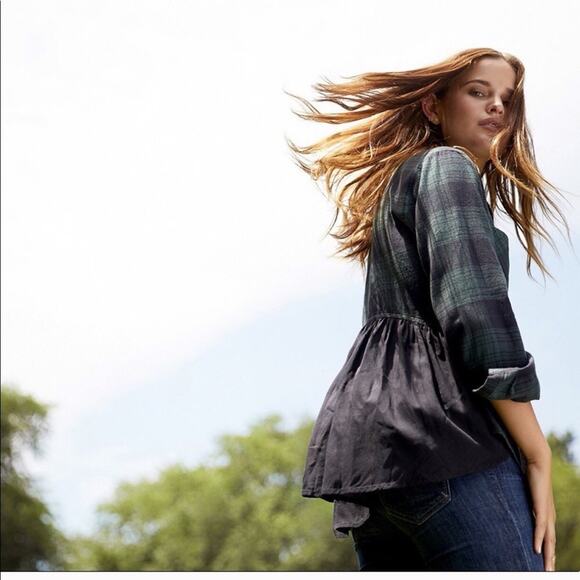 BEACH LUNCH LOUNGE Tartan Plaid Ruffle Peplum Button Down Shirt Top Blouse - Picture 1 of 5